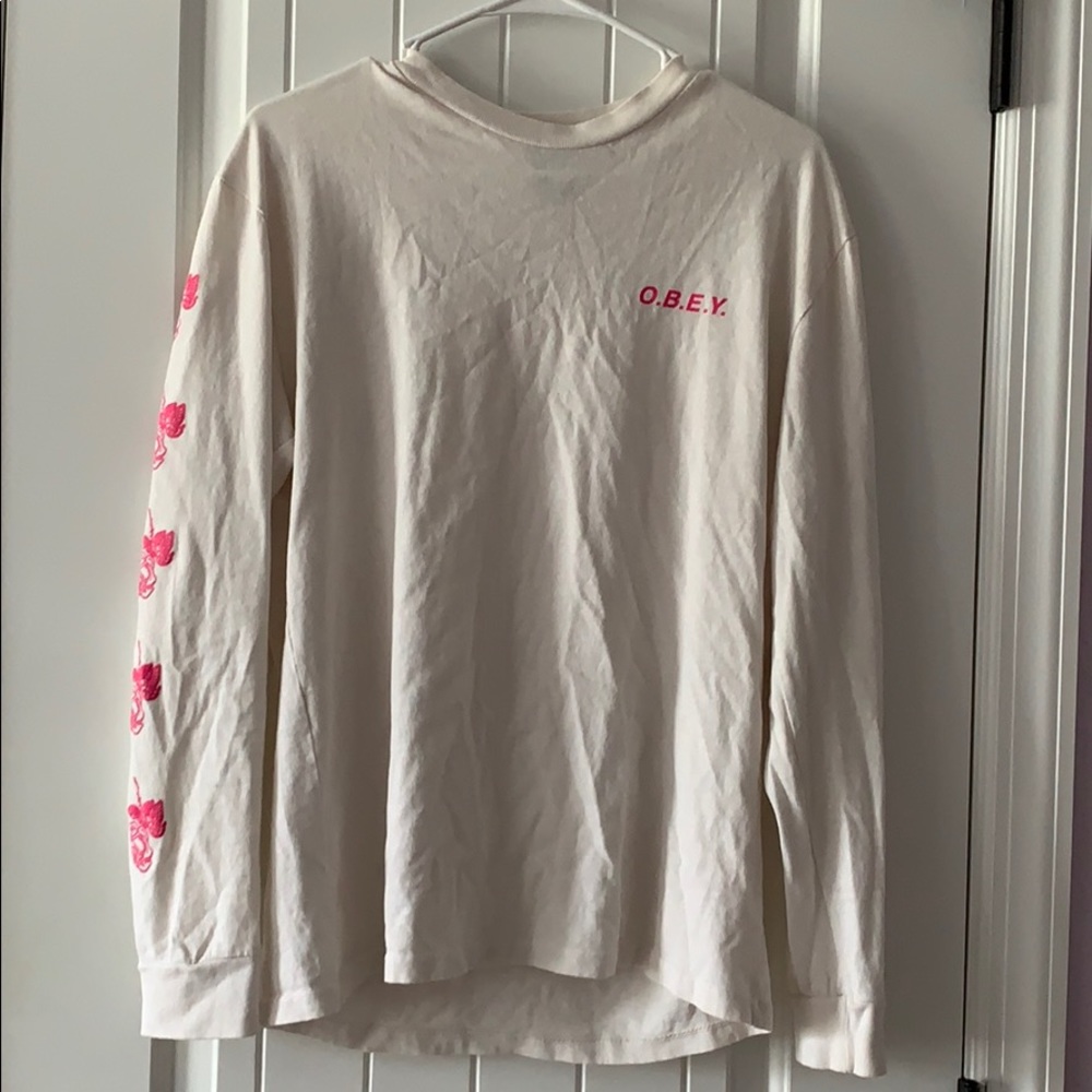 Obey white and pink long sleeve tee with roses
